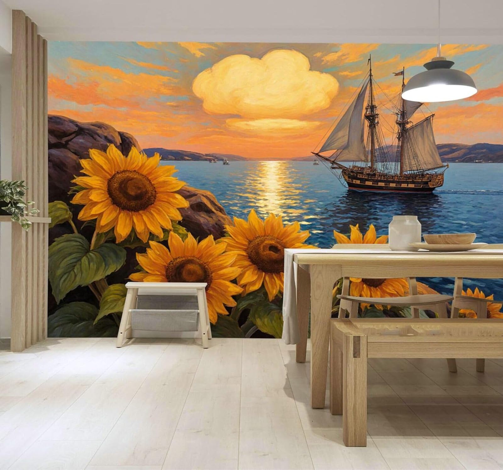 Xlming 250Cm×170Cm(B×H) Sunflowers Sailing Boats Sunset Ocean Rocky Coast 3D Wallpaper Silky Texture Home Study Office Grey Dining Room Sofa Bedroom Living Room Tv Backdrop-250Cm×170Cm