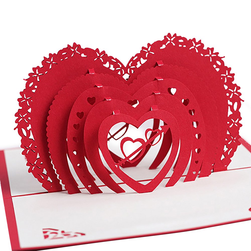 Bluelans® Red Heart 3D Pop UP Greeting Cards Fantastic Flower Handmade Gift Card For Valentine's Day Birthday Anniversary Invitation Wedding Love