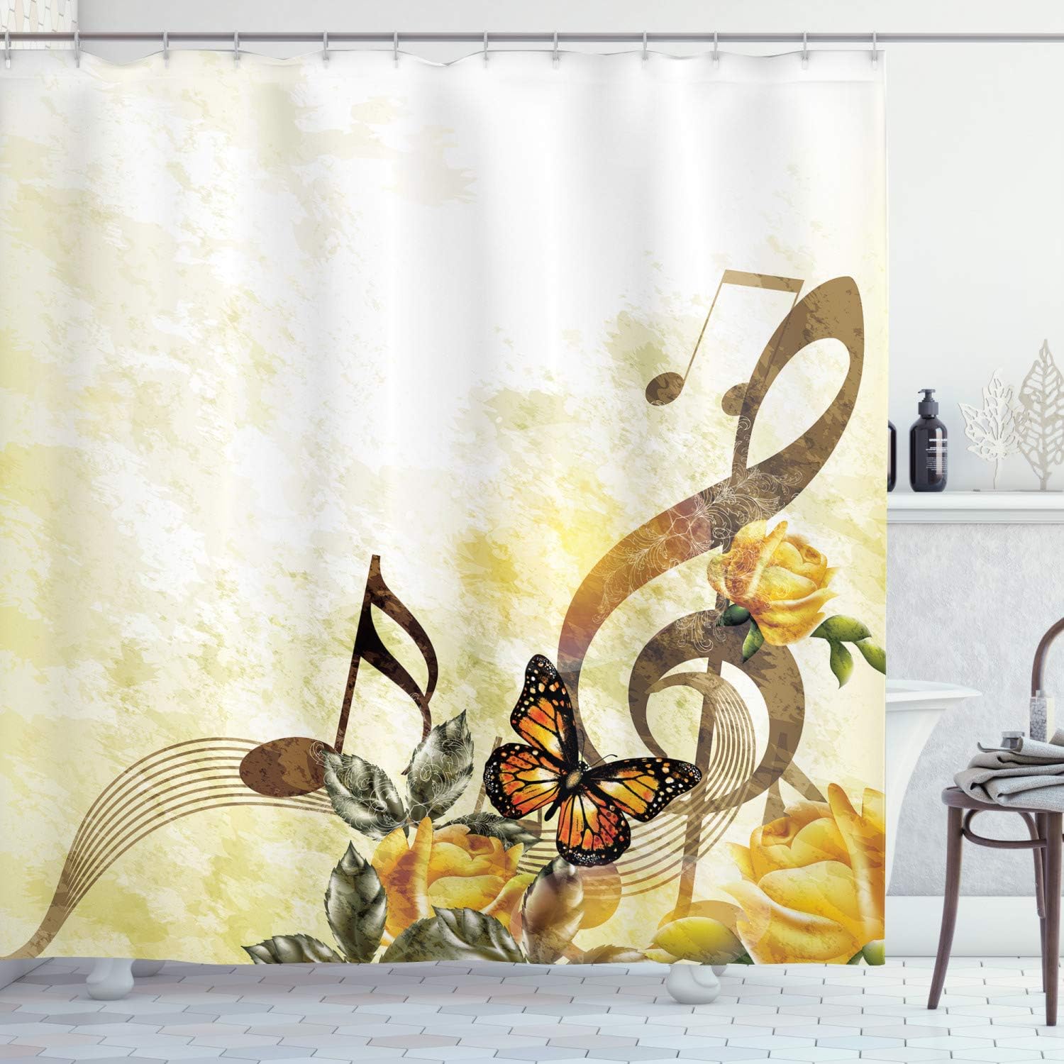 Ambesonne Music Shower Curtain, Music Roses Romantic Antiquity Victorian Classic Bridal Floral Illustration, Cloth Fabric Bathroom Decor Set with Hooks, 69" W x 70" L, Sepia and Yellow