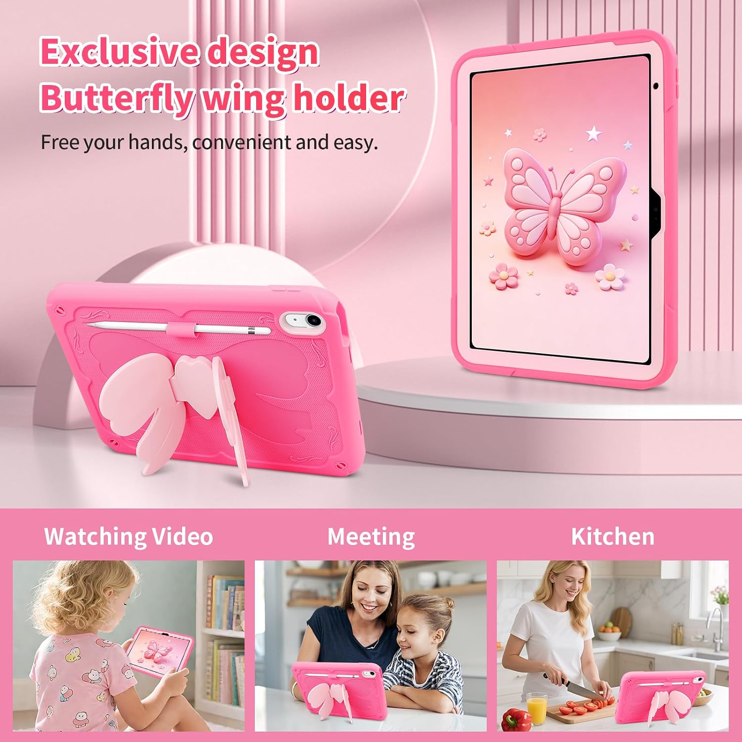 for iPad (A16) 11th Generation Case 11 Inch 2025/for iPad 10th Generation Case 10.9 Inch 2022 Tablet Cover with Shoulder Strap & Butterfly Stand Shockproof for iPad 10th Gen Girls Pitay Pink