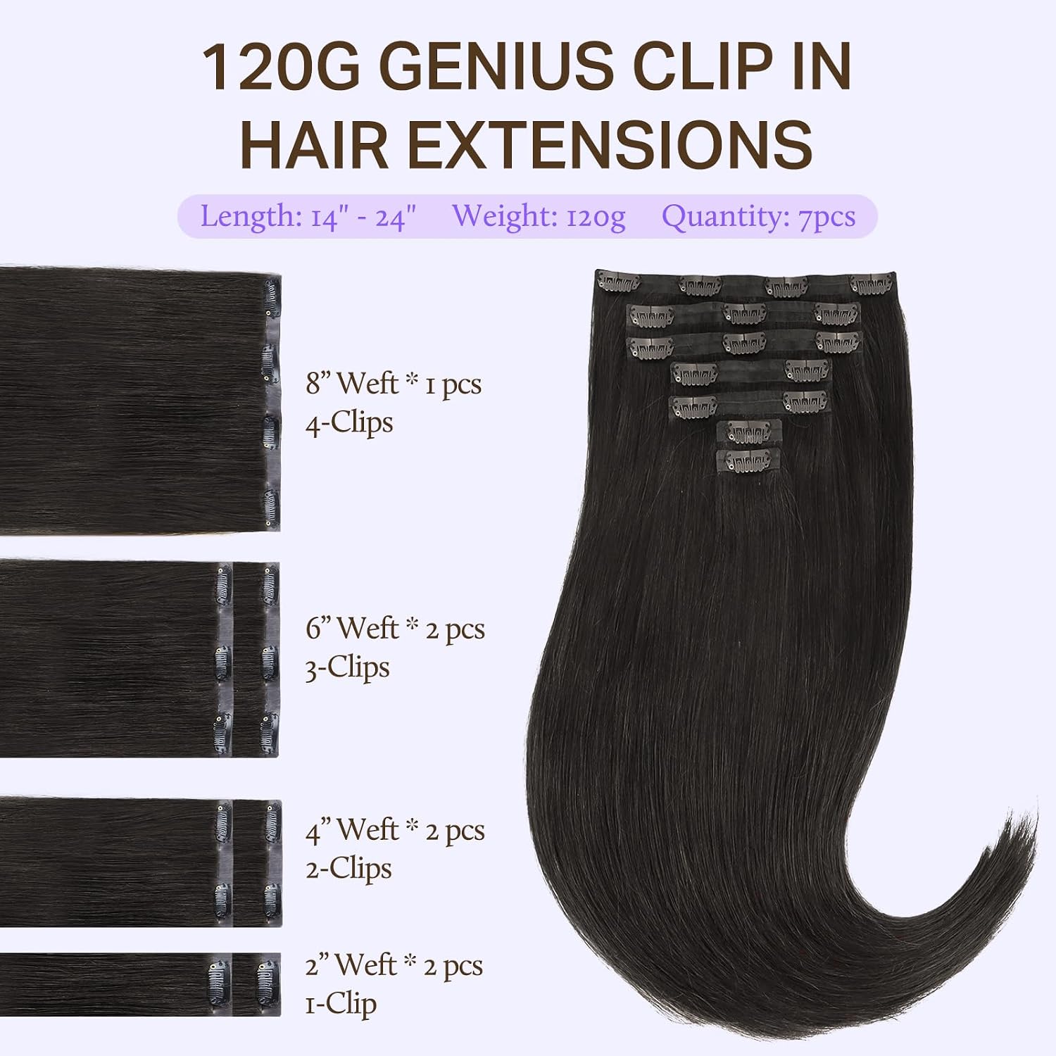 DOORES Seamless Clip in Real Human Hair Extensions, Natural Black 20 Inch 120g 7pcs, Silky Remy Hair Extensions Straight Invisi Edge for Women Gift