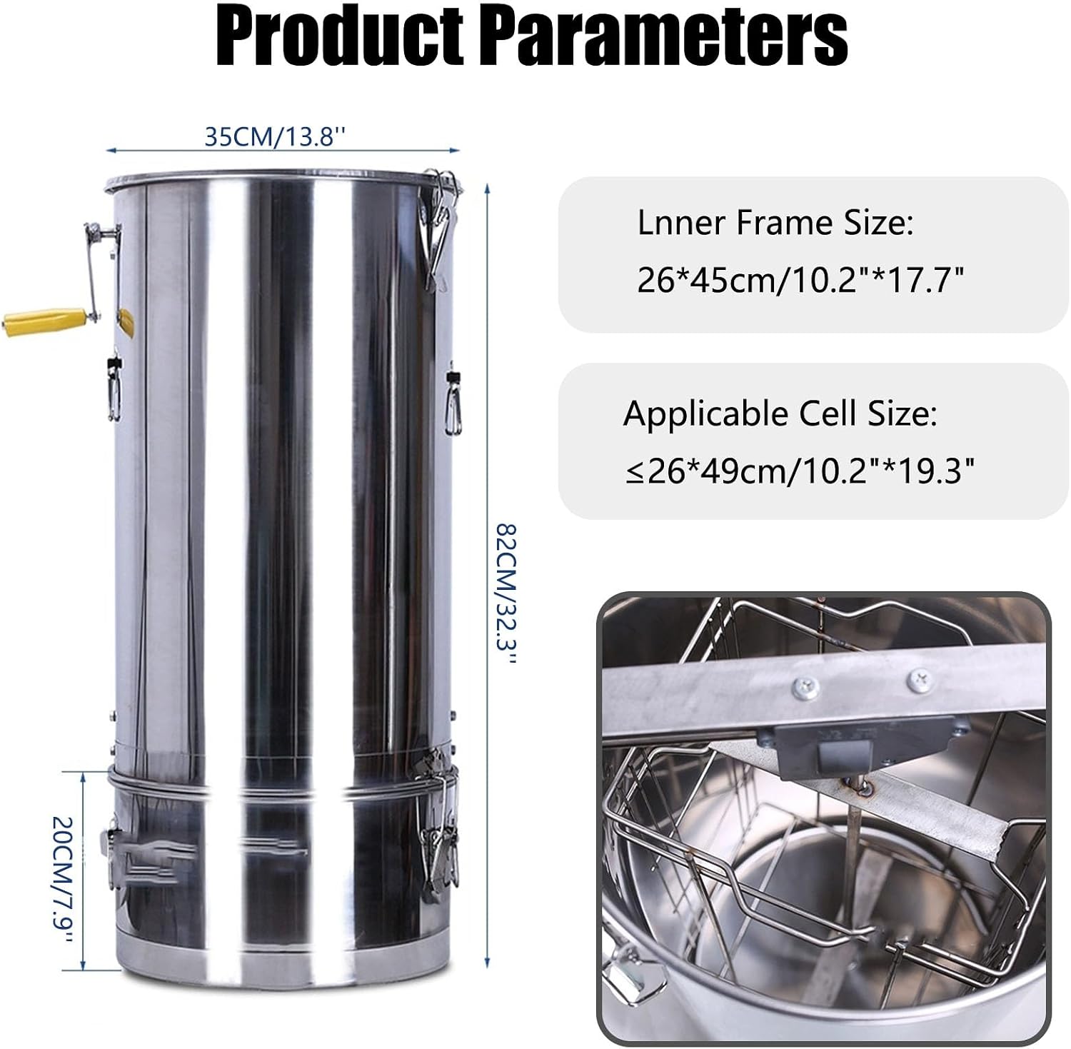 Honey Extractor 2 Frames, 304 Stainless Steel Honey Extractor Manual, The bottom can filter honey with Stainless Steel Cover and Handle, for Apiaries and Family Use,2 frame