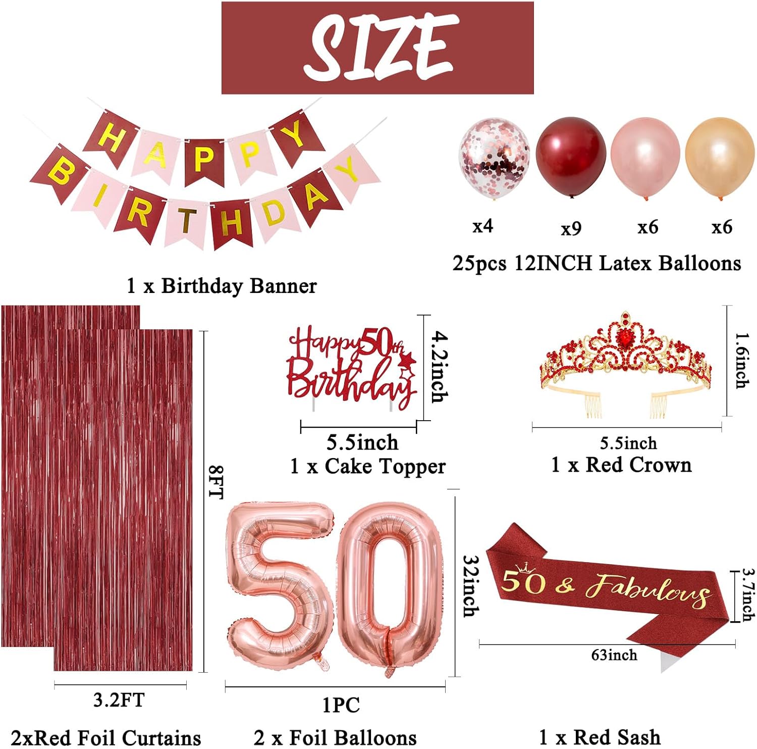 Trgowaul 50th Birthday Decorations for Women, Burgundy Red Rose Gold 50th Birthday Party Supplies, Banner, Sash and Crown, Cake Topper, 50 Number Balloon, Fringe Curtains, 50 Year Old Decoration Set - Image 3