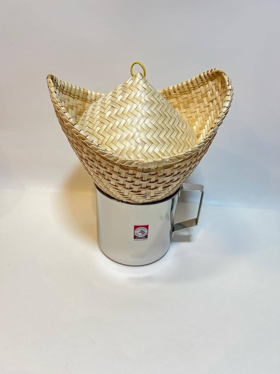 Traditional Sticky Rice Steamer Set with Bamboo Basket, Bamboo lid, and Steel Pot, Travel Size