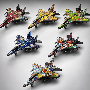 DURAZO Die-Cast Metal Fighter Jet Pull Back Toy, Pack of 6 Military Aircraft, Friction Operated, 3.7 cm, Multicolour