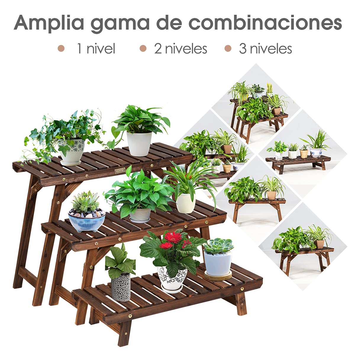 COSTWAY Estantería para Plantas de Madera, 3 Niveles Soportes Macetas Separados para Interior y Exterior, Estante Carbonizado de Escalera para Plantas y Flores, Jardín Patio Balcón, 70x25x14/34/53 cm