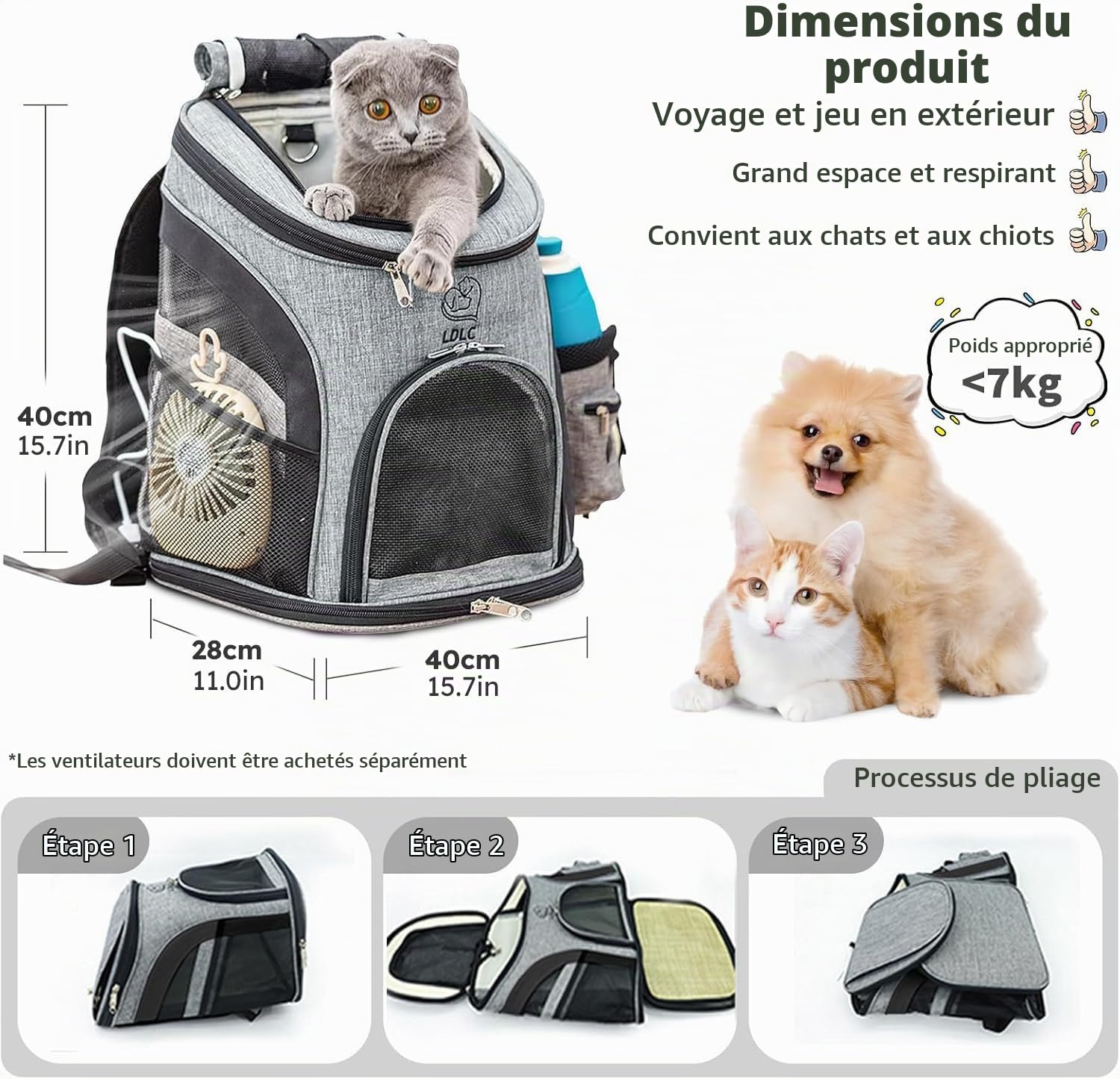 PETCUTE Sac à Dos pour Chien et Chat,Respirant Sacs de Transport pour Animal de Compagnie,Ceinture de Sécurité Interne,Sac de Voyage Réglable pour Sacs à Dos pour Chiot,pour Camping,40 × 28 × 40 cm