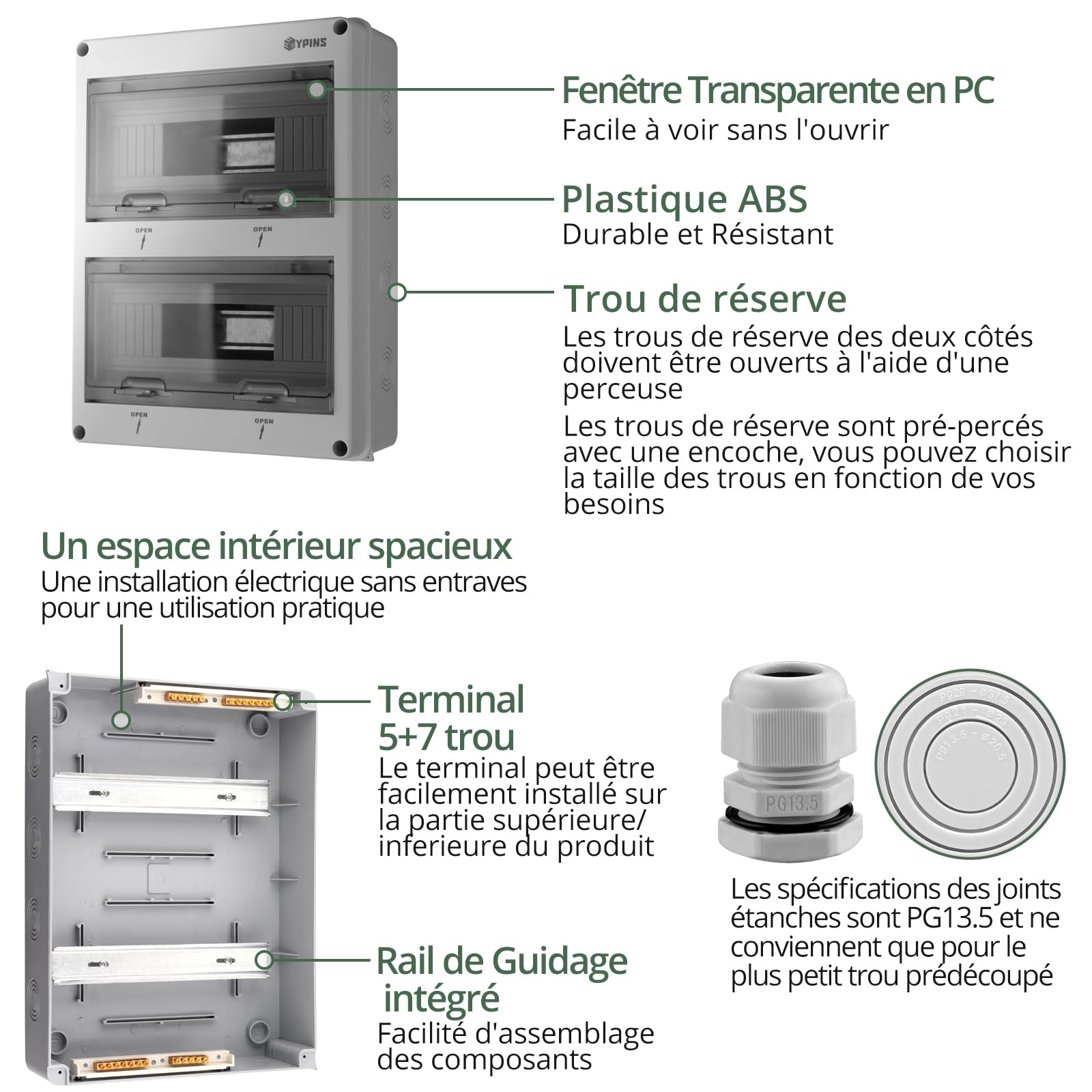 EYPINS Coffret Électrique 24 Modules Boîtier Électrique Extérieur Étanche IP65 avec Terminaux et Rails Intégrés ABS de Surface en Plastique avec Porte Transparente pour Extérieur/Intérieur
