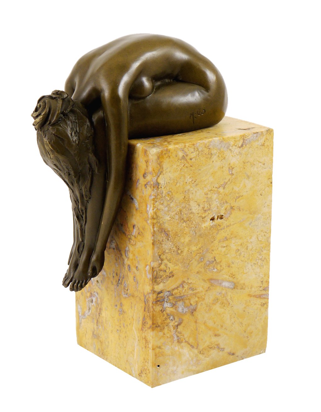 Bronze Plastik - Gebeugte Frau auf Marmorsockel - signiert Milo - Moderne Kunst Skulptur - Bronzefigur Akt - Dekoration - Mädchen - Braun