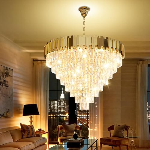 Gold Crystal Chandelier 40” 8-Tier Modern Round K9 Crystal Ceiling