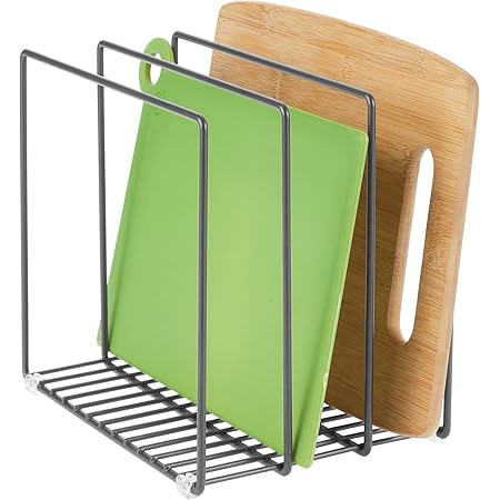 mDesign Metal Wire Organizer Rack for Kitchen Cabinet, Pantry, Shelves - Organizer Holder, 3 Slots for Skillets, Frying Pans, Lids, Cutting Boards, Vertical or Horizontal Placement - Graphite Gray