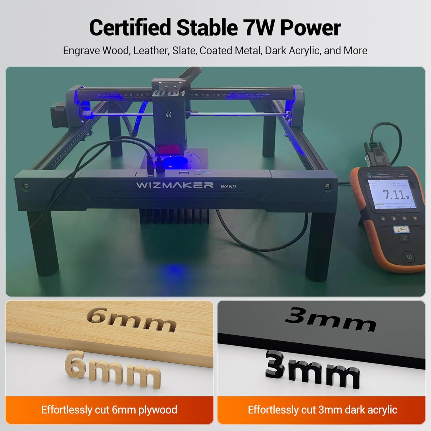 WIZMAKER Wand Laser Engraver and Cutter Machine, 7W(7000mW) for Wood, Leather, Paper, MDF, Felt, Compact Laser Cutter Portable DIY & Small Business Projects Desktop Laser Engraver