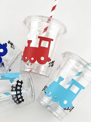 Miniatura 5 de Stesha Party Juego de 12 vasos de plástico desechables con temática de tren, 12 onzas, azul, moderno, calcomanías de vinilo, perfectas para fiestas