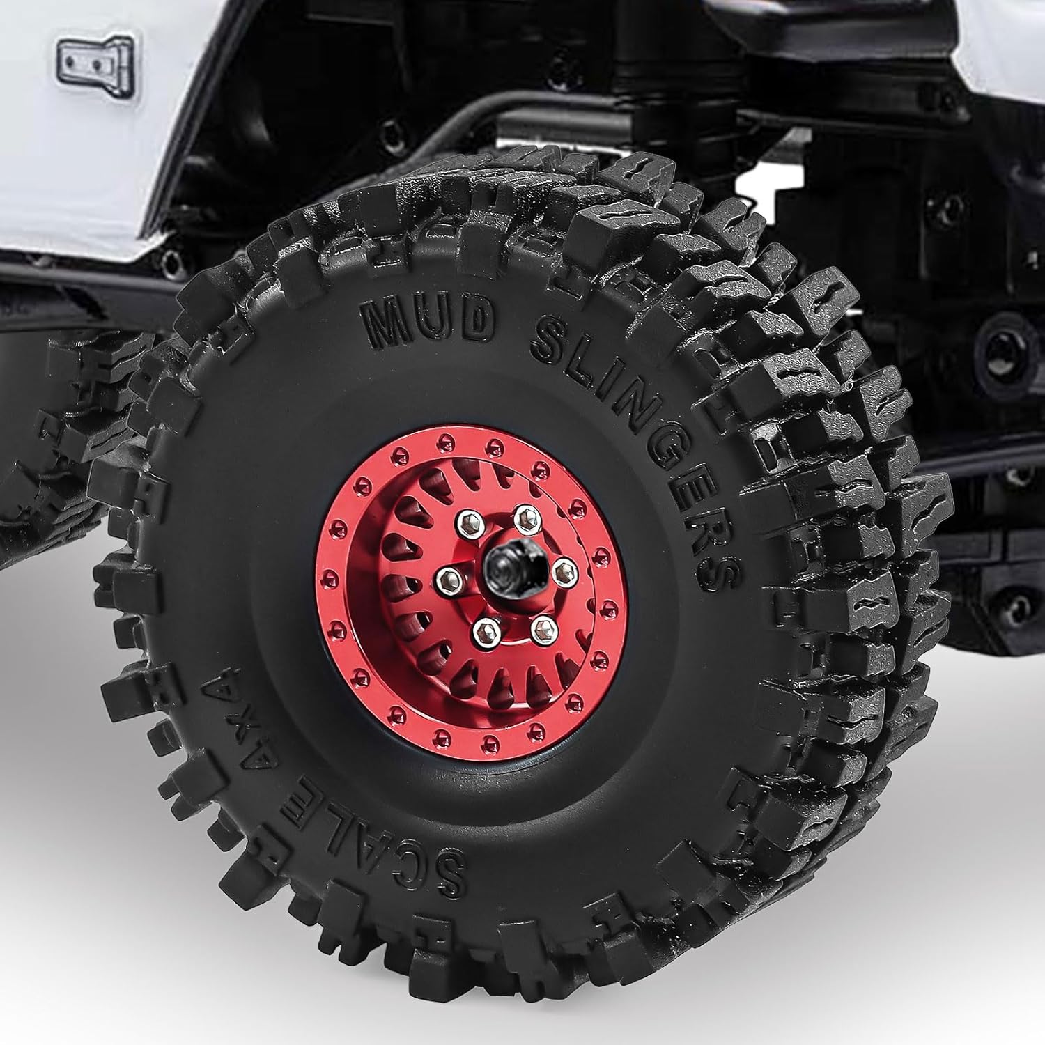 1.0" Aluminium Beadlock Wheels and Tires 64x23mm for 1/24 Axial SCX24, 1/18 TRX4M RC Crawler – Upgrade Parts (Red, 4pcs)