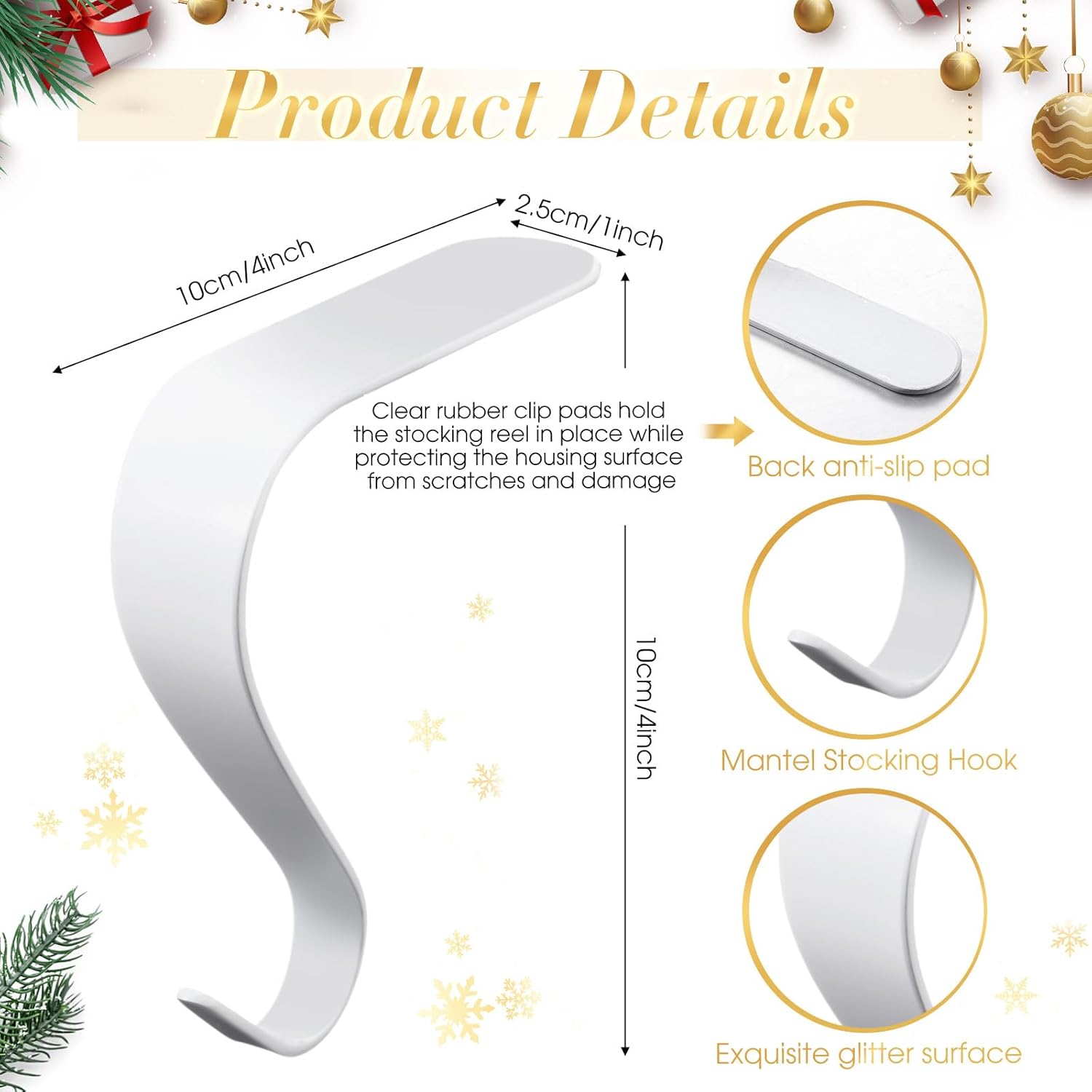 Boao 8 Pcs Christmas Stocking Holders Heavy Duty Metal Mantel Stockings Hangers Shelf Fireplace Garland Mantle Grips Set for Xmas Party Decor(White)