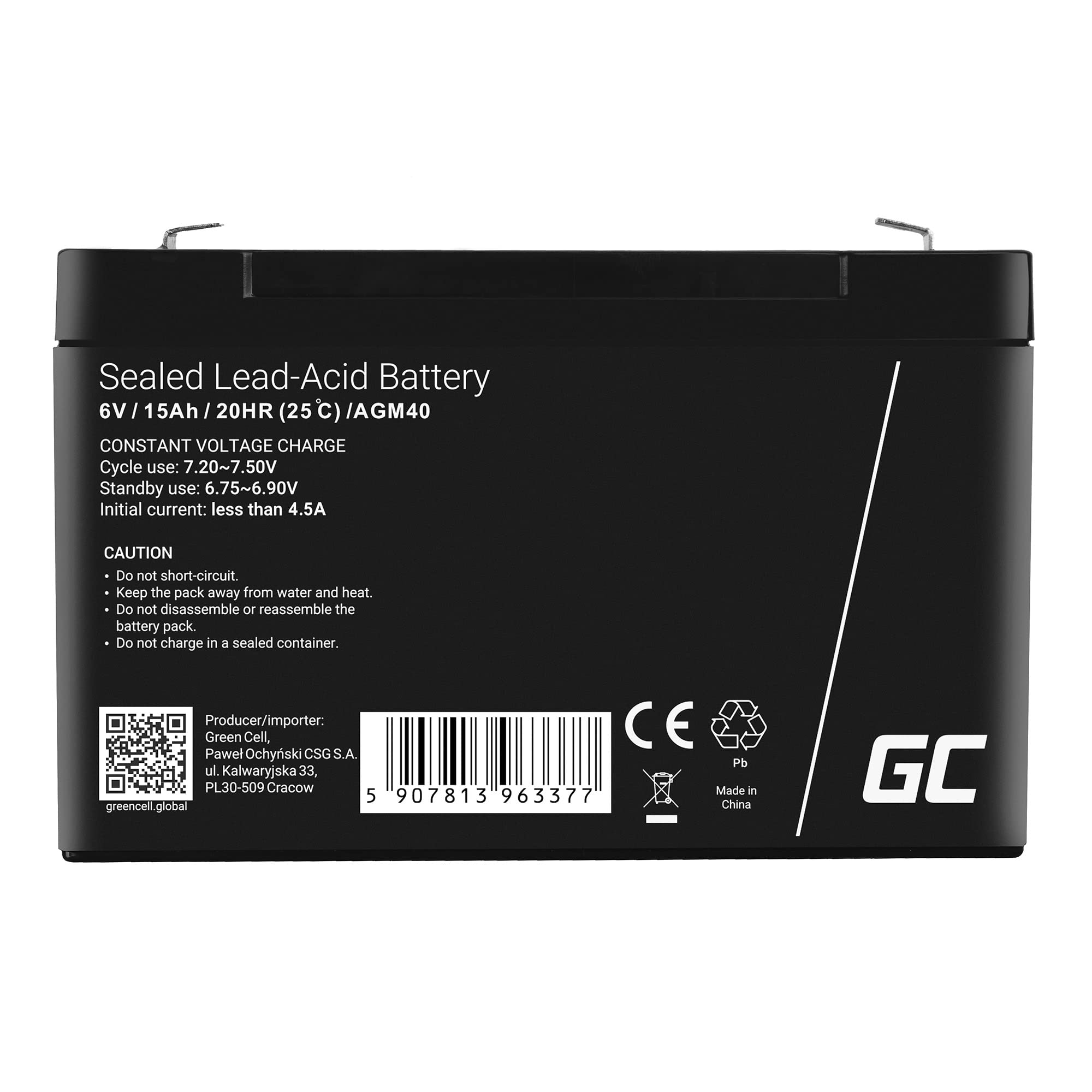 Green Cell PRO Batteria AGM 6V 15Ah accumulatore sigillata VRLA non manutezione ricaricabile Batterie di ricambio ermetica giocattoli giocattoli per bambini Installazioni di allarme