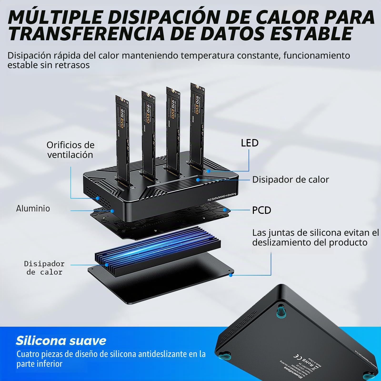 Estación de Acoplamiento M.2 NVME SATA SSD USB 3.2 Gen 2 10Gbps | M-Key B+M Key, 4 Bahías, 2230 2242 2260 2280 SSD, Adaptador de Aluminio