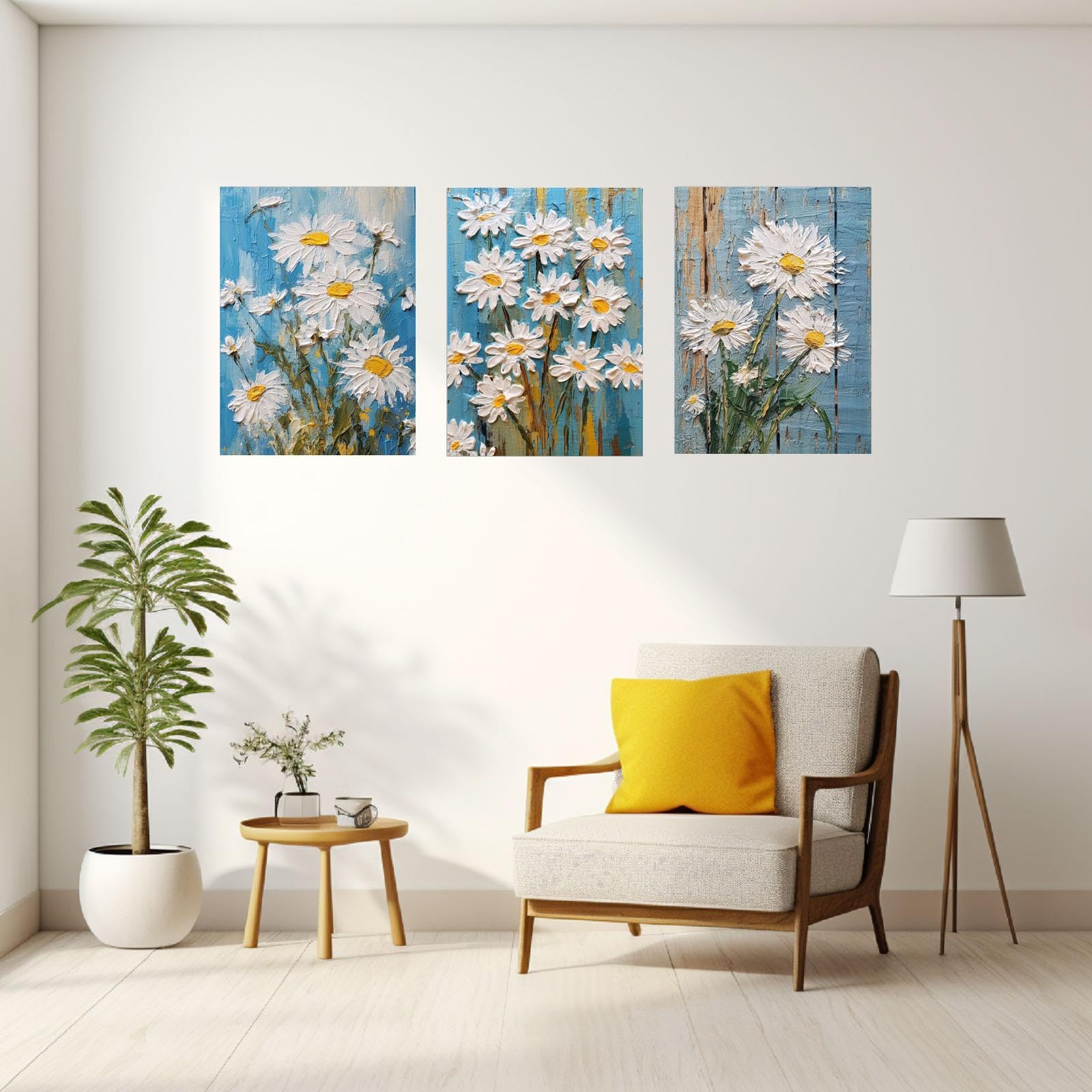 JOSUE Set de 3 Bohemia Cuadros Y LáMinas Lienzo,flores abstractas Blanco amarillo Cuadro Cartel Sala De Estar Cuarto De BañO Comedor-50x70cm Enmarcado