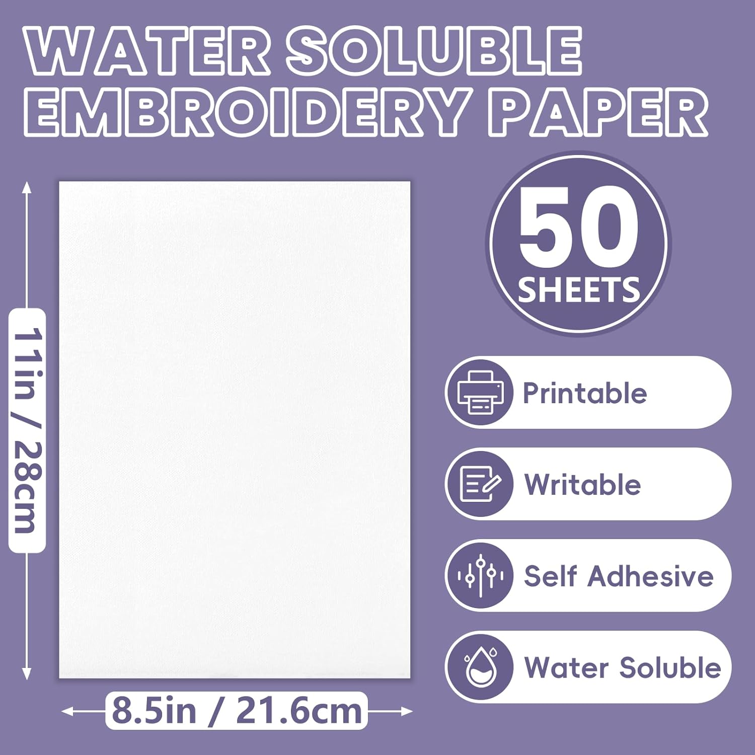 50 Sheets 8.5" x 11" Water Soluble Stabilizer for Embroidery, Stick and Stitch Embroidery Paper Wash Away, Embroidery Stabilizer, Water Soluble Embroidery Patterns, Embroidery Transfer Paper