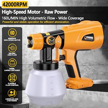 Cordless Spray Paint Gun for Dewalt 20V MAX Battery, 200W HVLP Paint Sprayer with 4 Size Nozzles for House Painting, Fence Chairs & Furniture Painting [ Battery Not Included ]