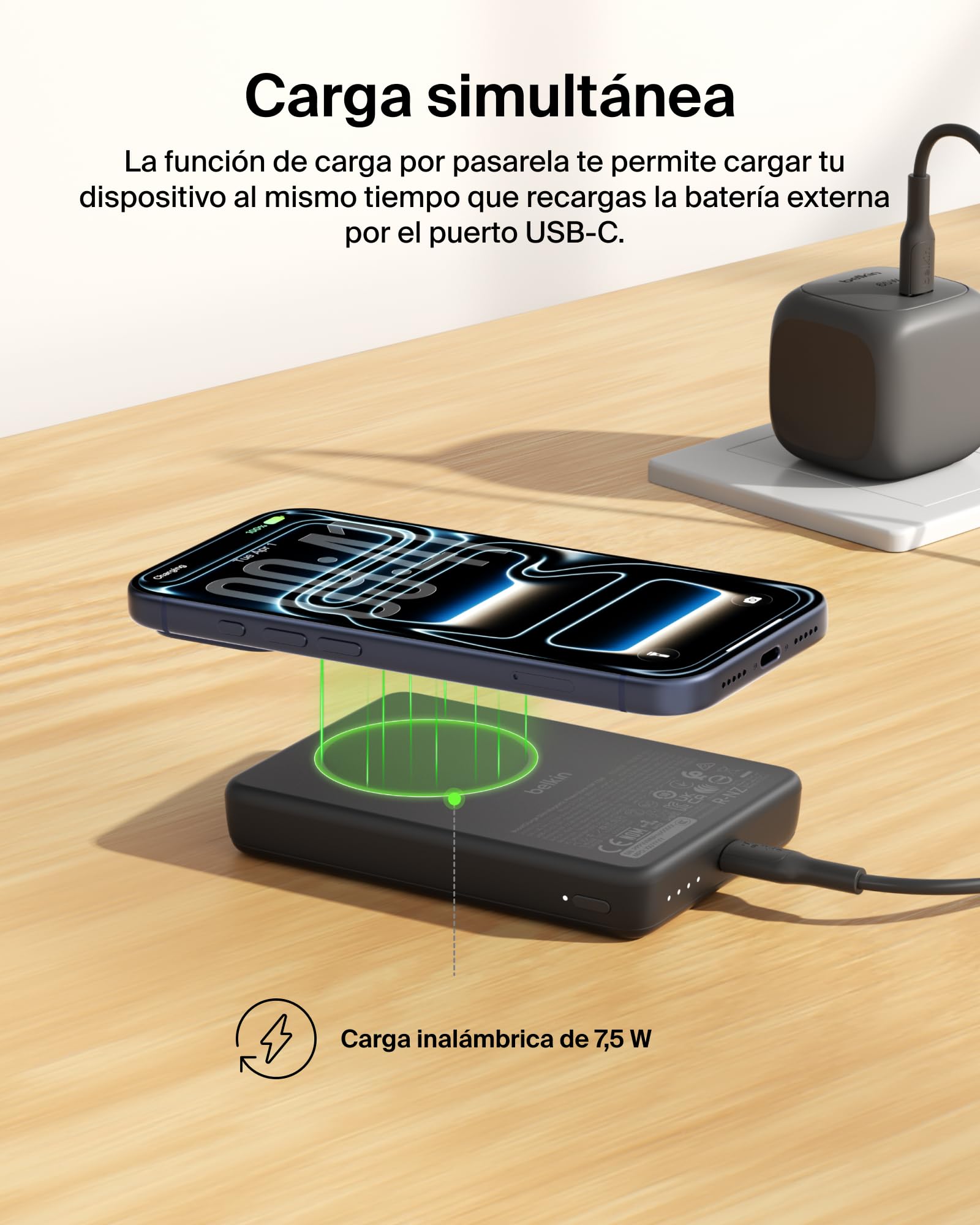 Belkin BoostCharge Batería Externa 10000 mAh con Anillo Magnético - Negro | Power Bank de 10000 mAh, Anillo Magnético para Accesorios, 2 Puertos USB-C, Precargada, Cable Incluido, Batería Portátil