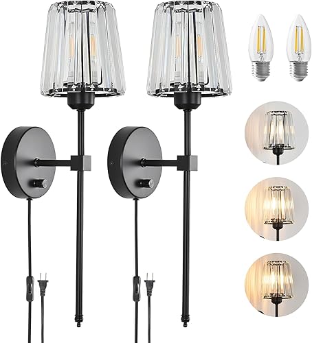 Miniatura 11 de Juego de 2 apliques de pared de cristal, apliques de pared regulables con cable de enchufe y regulador de intensidad dorado, lámpara de pared con