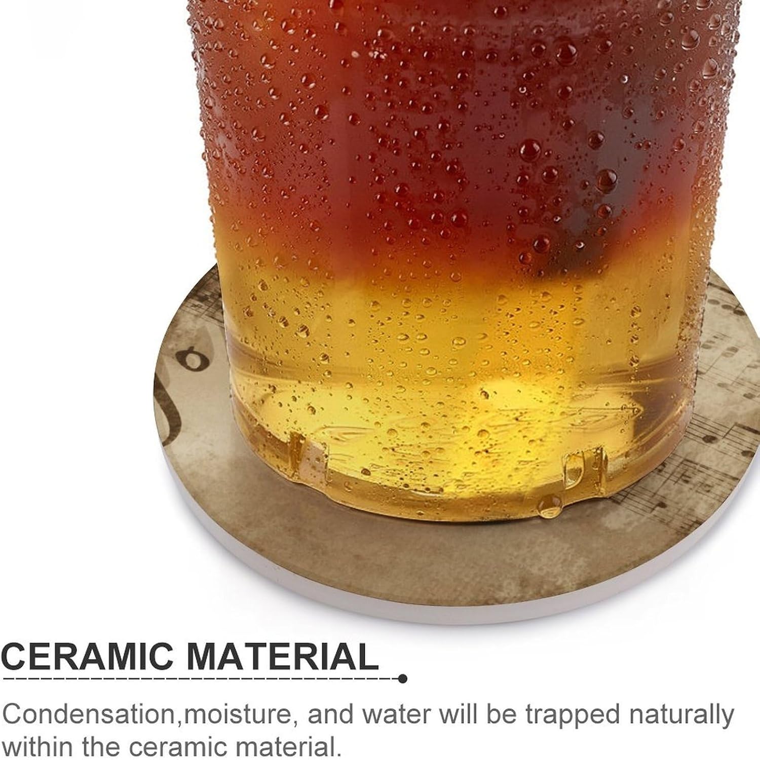 6PCS Music Notes on Old Paper Coasters Non-Slip Round Drink Coasters with Ceramic Stone and Cork Base, Heat Resistant Absorbent 33.00Stone Coaster Set for Kinds of Mugs and Cups, 4 Inch