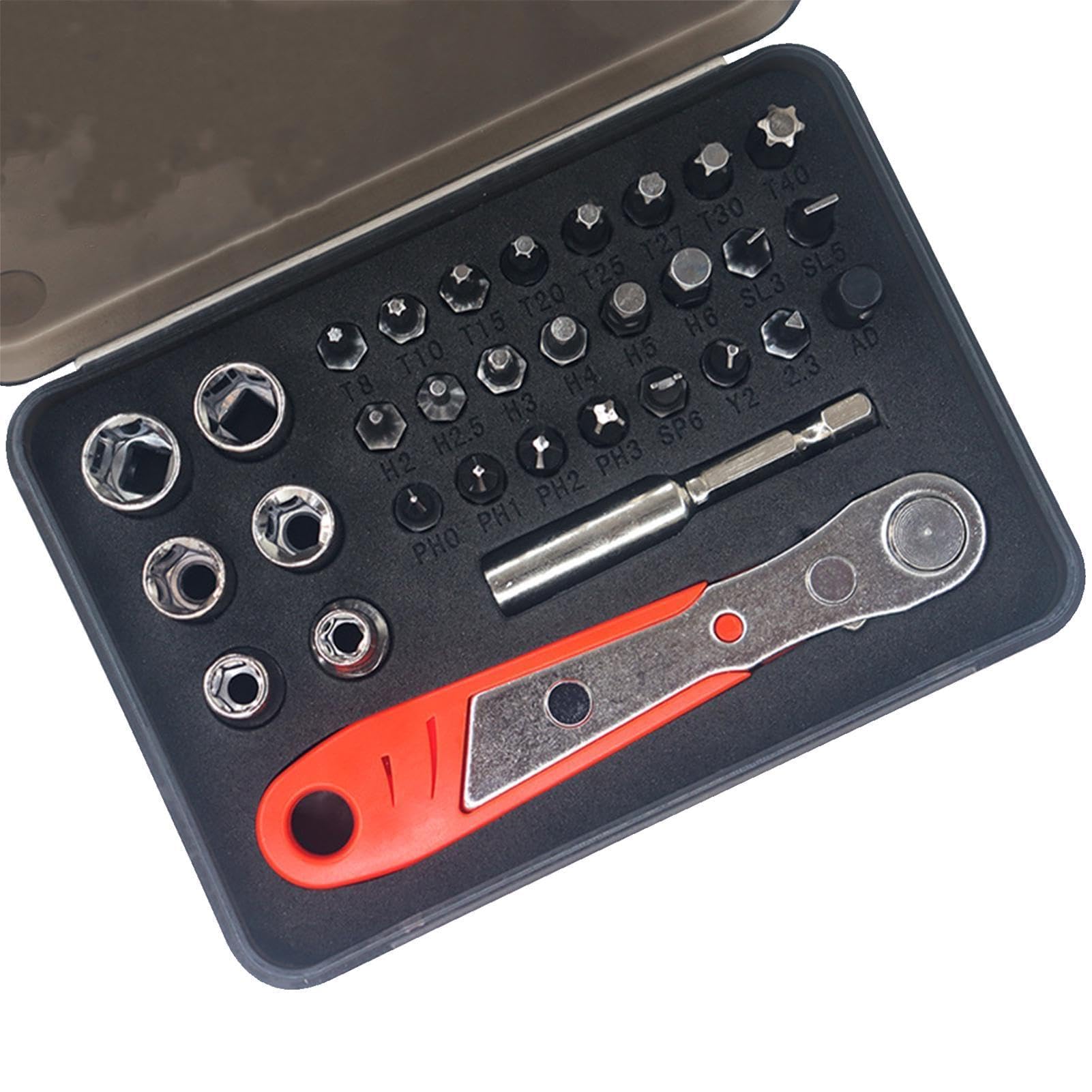 32 in 1 Mini Ratchet Screwdriver Set including Storage Box, Reversible Ratcheting Driver 1/4" Bit Drive with Hex Torx Bits