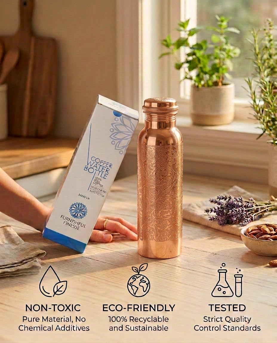 100% Pure Copper Water Bottle For Drinking | 34 Oz Leak-Proof Copper Bottle | Eco-Friendly, Handmade for Sports, Yoga, Gym,Office,Hiking & Many More Ayurvedic Benefit | Natural Vessel image 2
