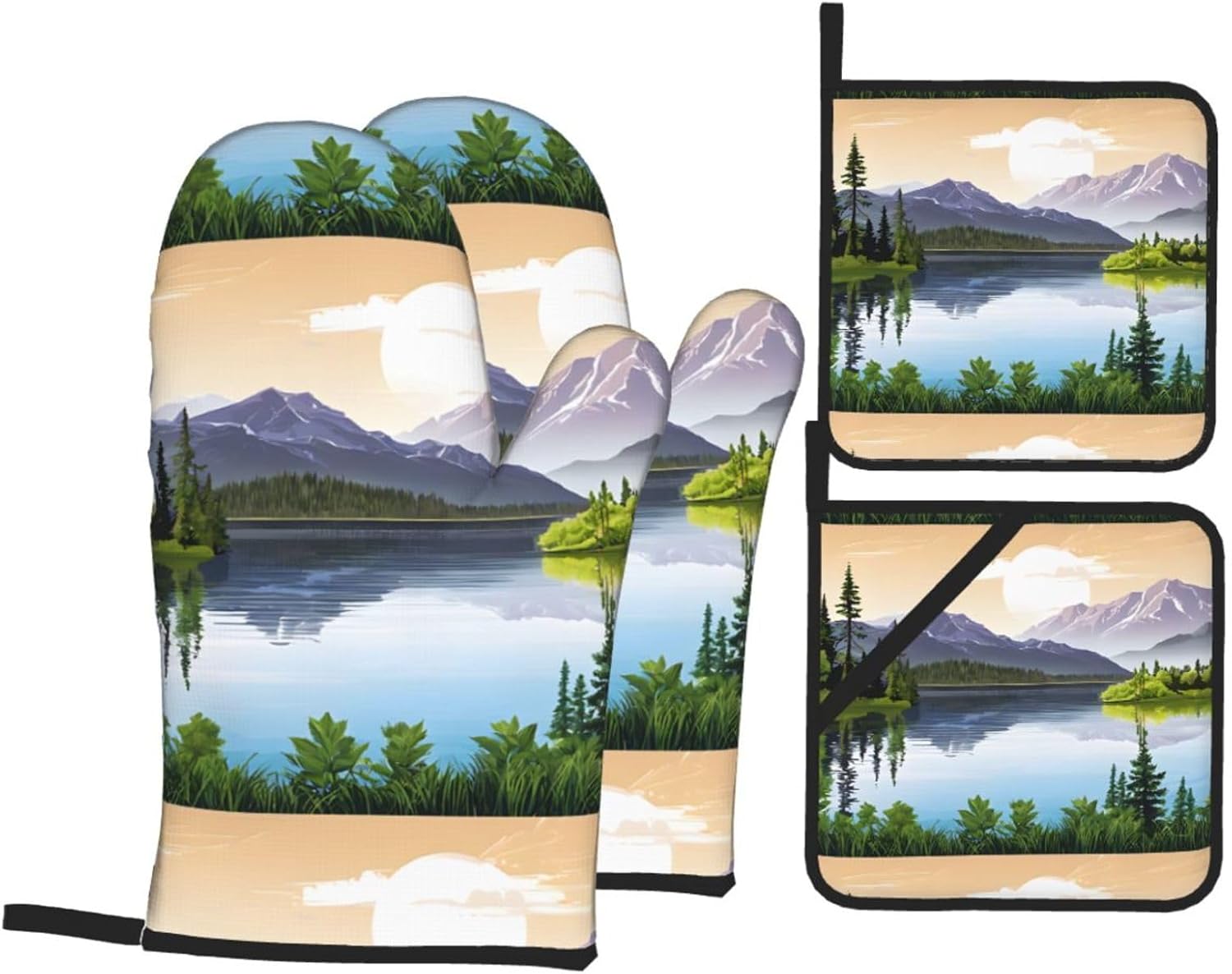 (Mountain Lake View Sunny Day Nature) Baking 4-Piece Set: 2 Oven Mitts and 2 Pot Holders Heat Resistant Waterproof Hanging Loop for Kitchen Oven Grill Housewarming Gifts