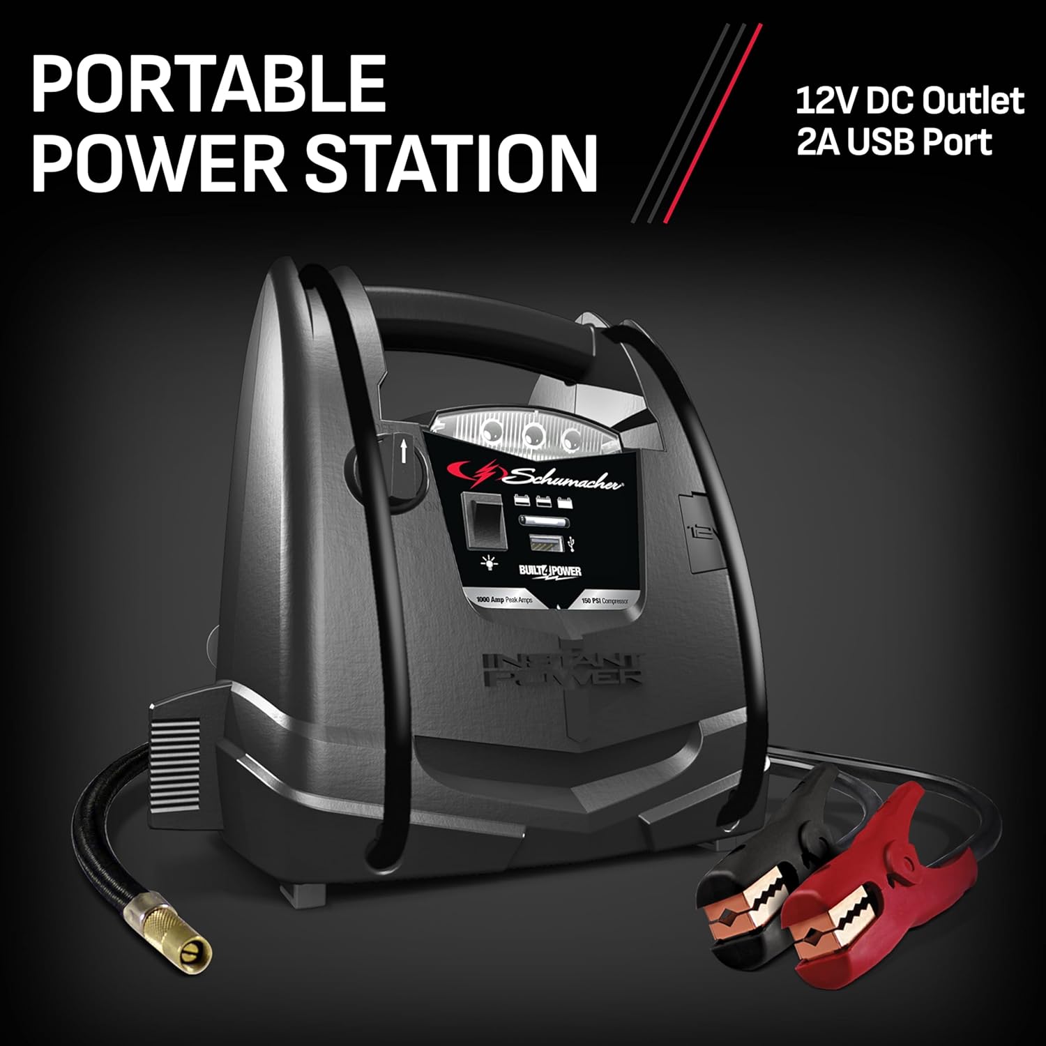 Schumacher SJ1330 Portable Power Station showing 12V DC outlet and 2A USB port.