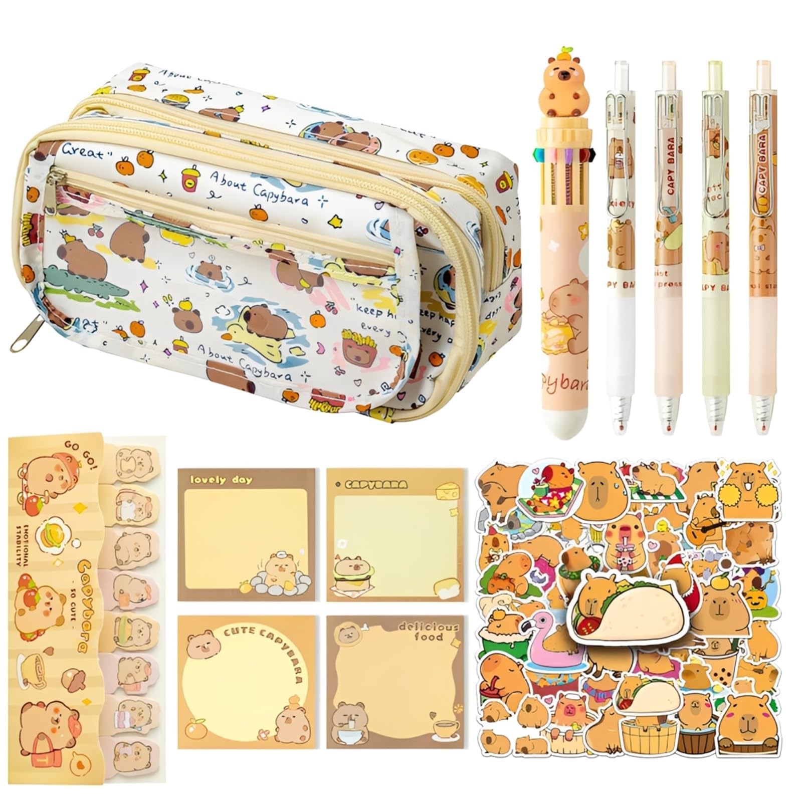 DXPETA 9-piece set of capybara pencil case, multi-layer stationery set, multifunctional pencil case, large capacity zipper box, including capybara pen stickers and stickers