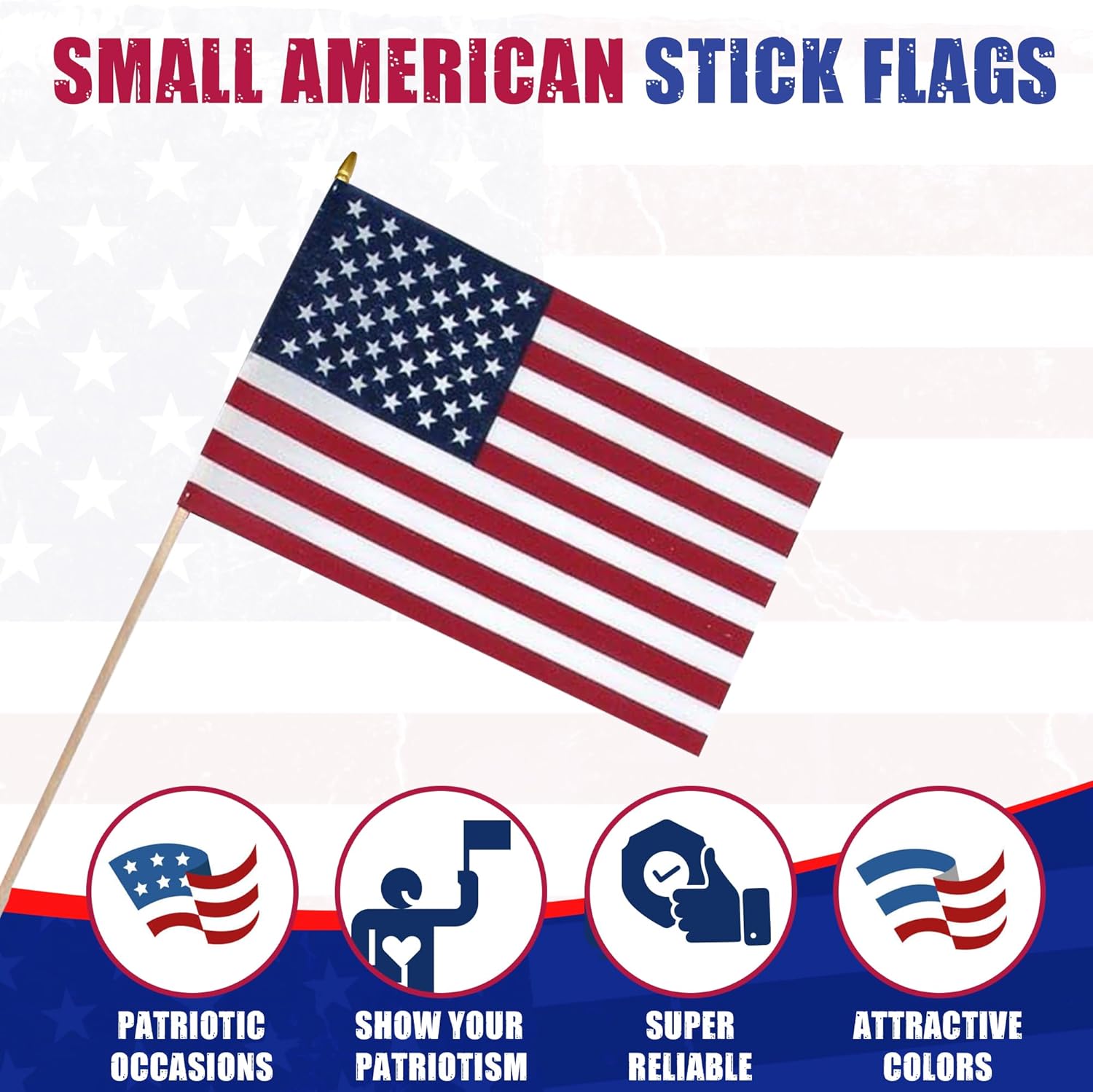 12-Pack, Super Tough US Stick Flag 12"x18" 30" x 3/8" No Fray -US Made