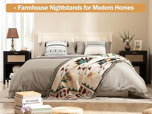 Miniatura 7 de SICOTAS Juego de 2 mesitas de noche de ratán, mesita de noche de granja con cajón y estante de almacenamiento, mesa auxiliar bohemia para