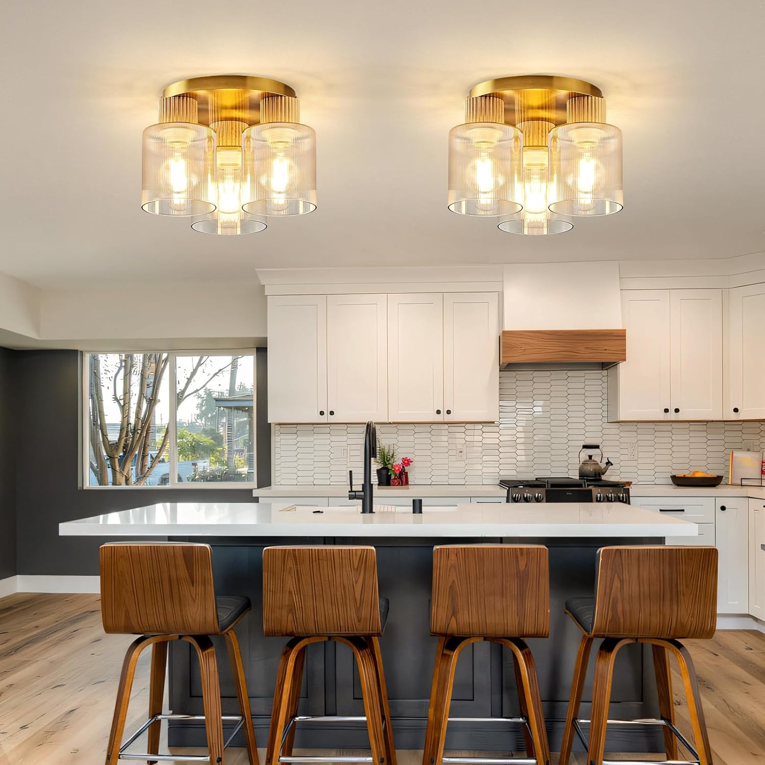 3-Lights Semi Flush Mount Ceiling Light Fixture, Gold Modern Close to Ceiling Light for Kitchen, Foyer, Entryway, Hallway, Dining Room, Amber Gradient Glass Shade with Solid Wood