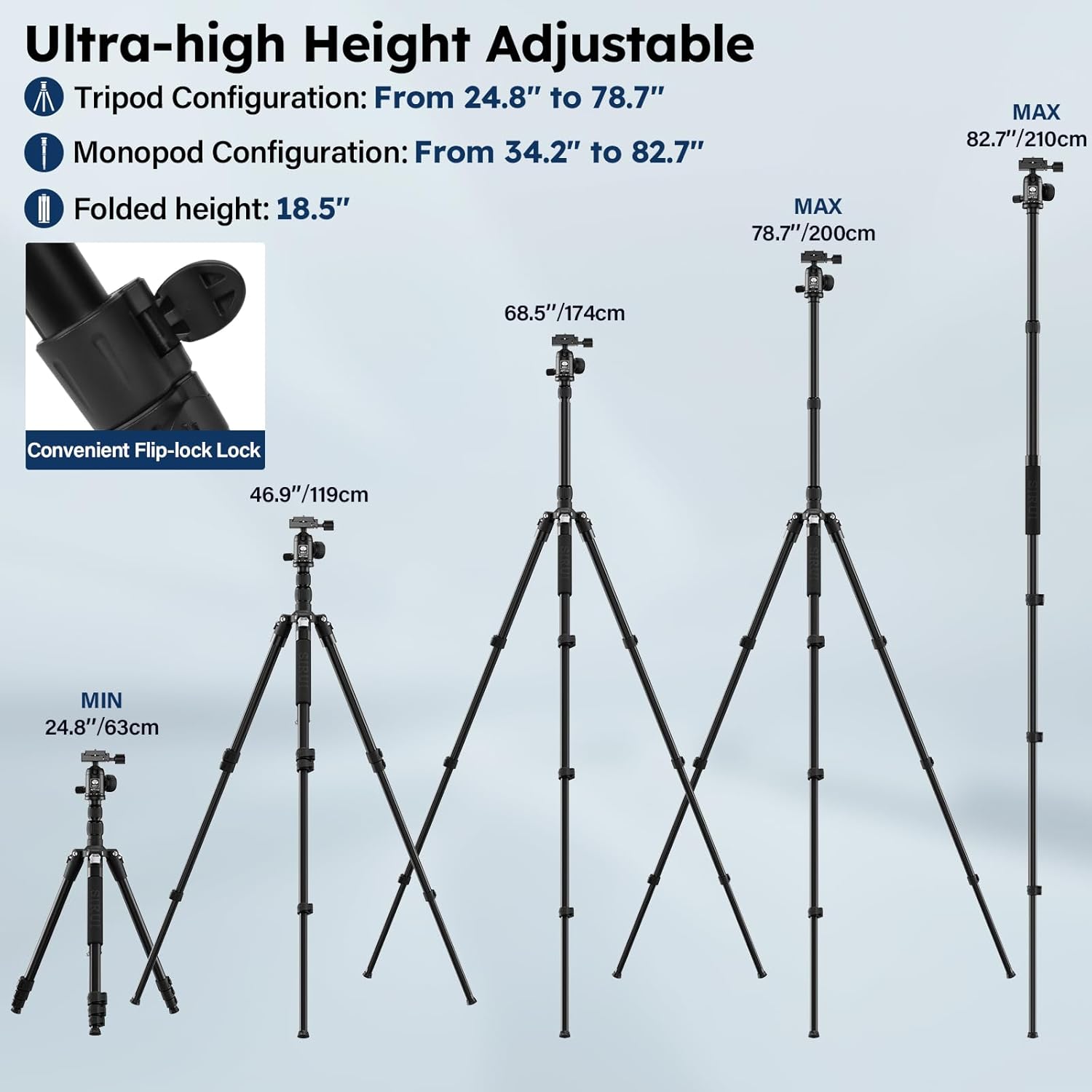 SIRUI Camera Tripod & Monopod Stand, 78.7" Tall Aluminum Detachable Tripod with Center Column, 360°Ball Head, Quick Release Plate for DSLR, Phone Holder, Payload 17.64lbs, APT-02