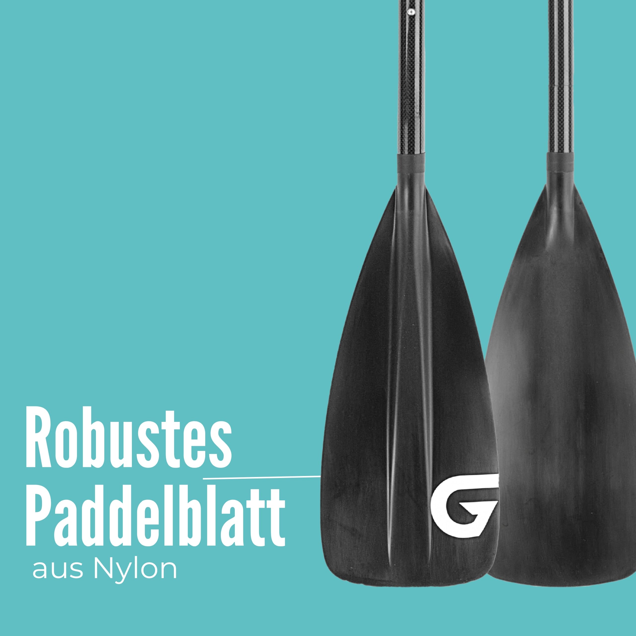 Glory Boards® Carbon Paddel für SUP– nur 800g - Leichter Carbonschaft – Robustes Nylonblatt -3 Teiliges Paddel – ideal für Stand up Paddler– Länge flexibel einstellbar