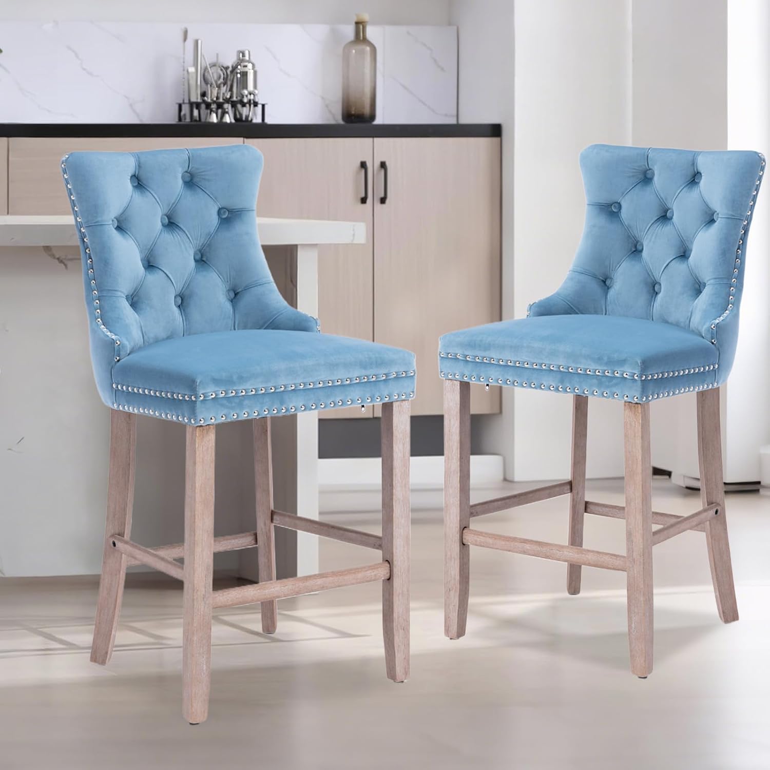 Elegant Velvet Bar Stools Set of 4,Delicate Upholstered Counter Height Barstool with Backrest,Wooden Legs Design for Kitchen Islands & Pubs（Sky Blue）