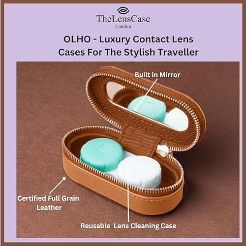 Miniatura 2 de Funda de piel de lujo para lentes de contacto de viaje, (para lentes de contacto reutilizables), cuero de grano completo certificado con espejo