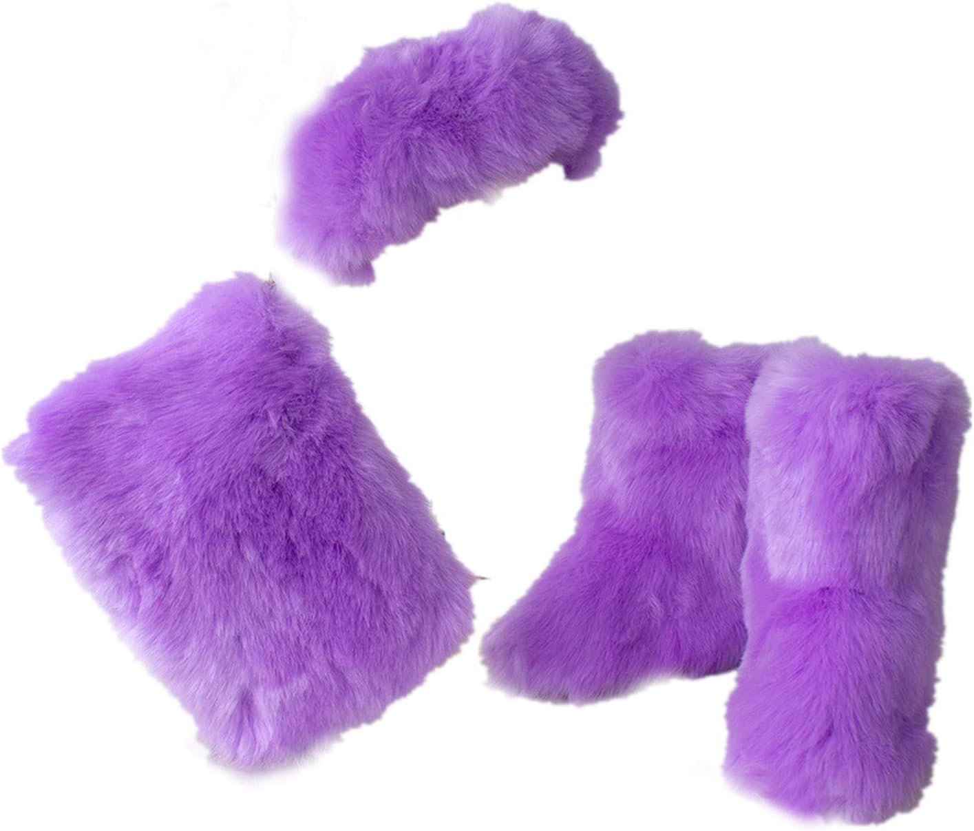 LVCOMEFF Women Faux Fur Snow Boot with Fur Lining Handbag Headband 3 Packs Pieces Set Winter Warm Outwear Furry Fluffy