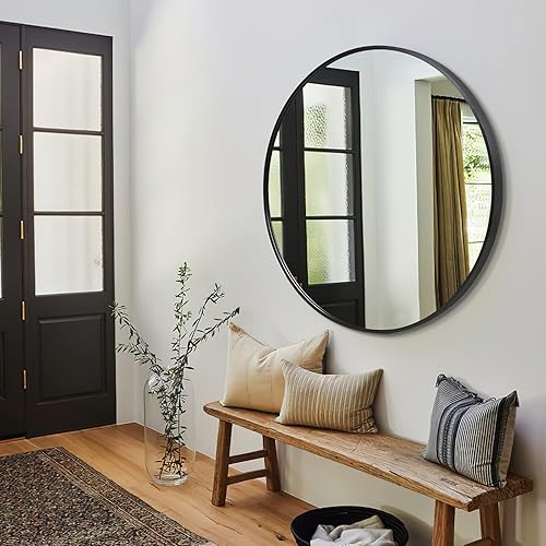 Miniatura 4 de BEHOME Espejo redondo negro de 36 x 36 pulgadas, espejo montado en la pared, espejo de baño, aleación de aluminio, espejo de tocador redondo grande,