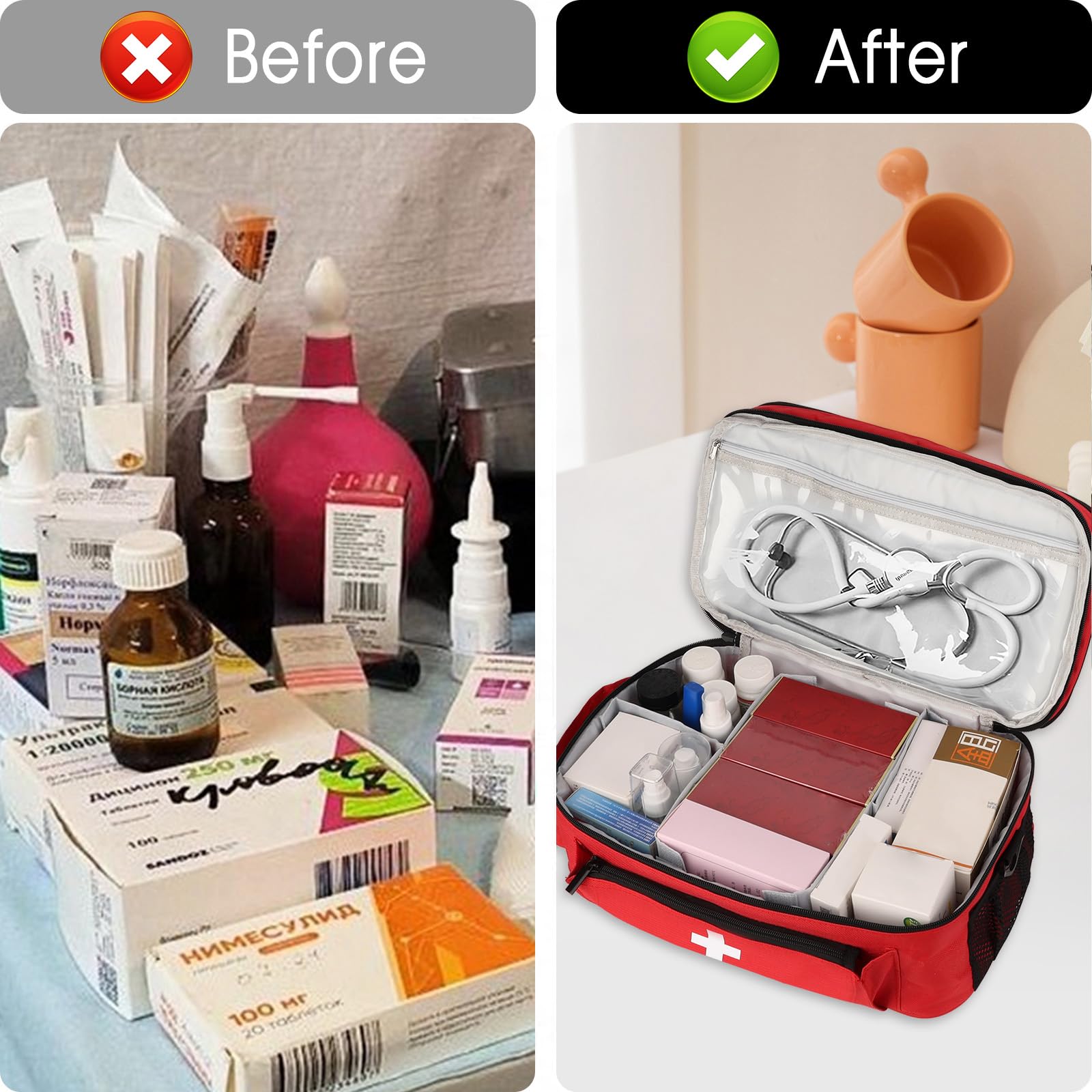 Sac de Premiers Secours Vide, Grand Sac d'urgence pour Infirmière de Médicaments de Soins à Domicile Médical de Pharmacie Portable et Épaule (Rouge)