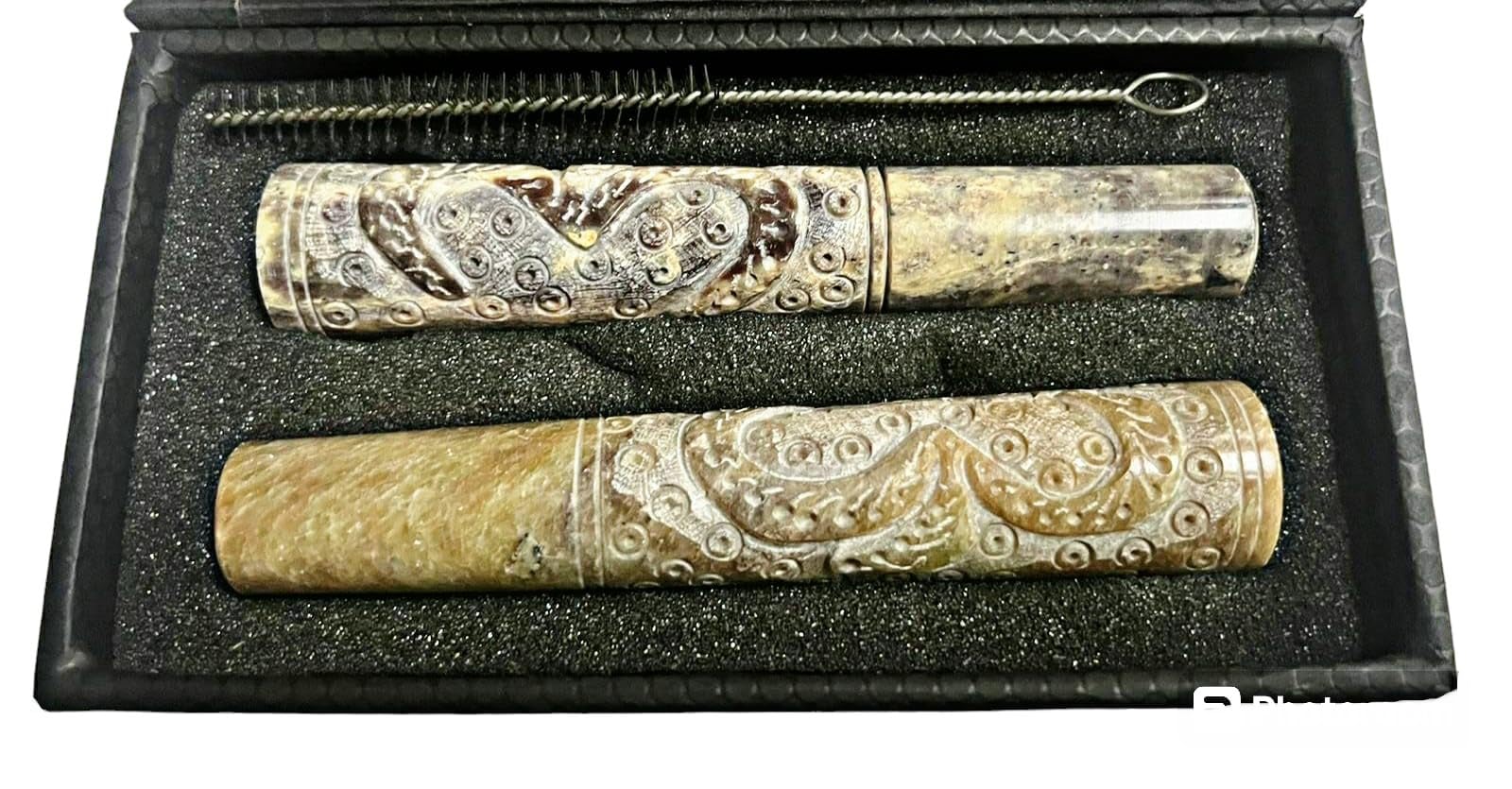 Newzenx® Stone Carved Handcrafted Chillum OM Sadhu Baba Hookah Chillum 5 Inch (2 Pieces Combo Pack) Included Gift Box, Herb Crusher & Pipe Cleaner