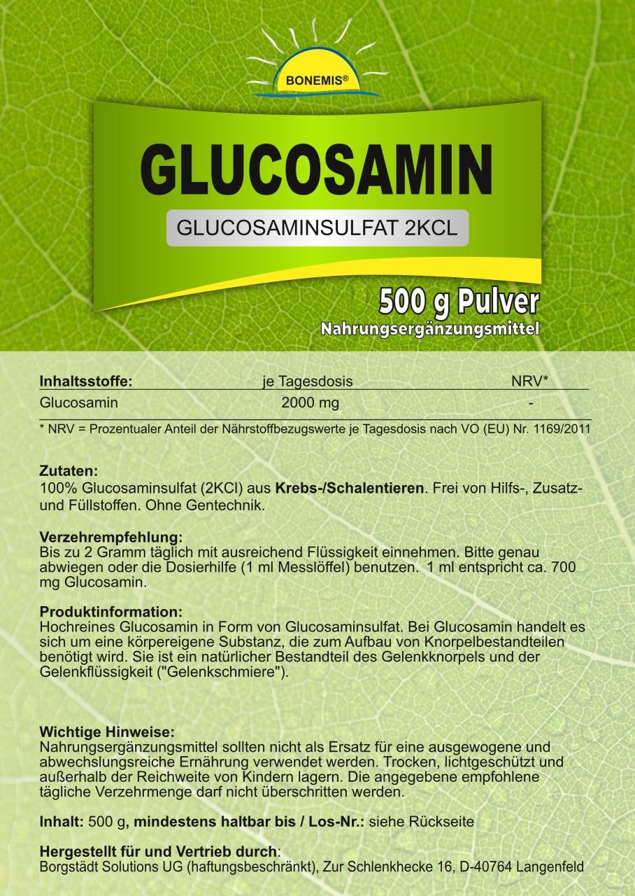 Glucosamin, Pulver, 1 kg (2 Beutel à 500 g), Premiumqualität ohne Zusatzstoffe (Glucosaminsulfat 2KCl), Standbodenbeutel aus Kraftpapier (aluminiumfrei!)