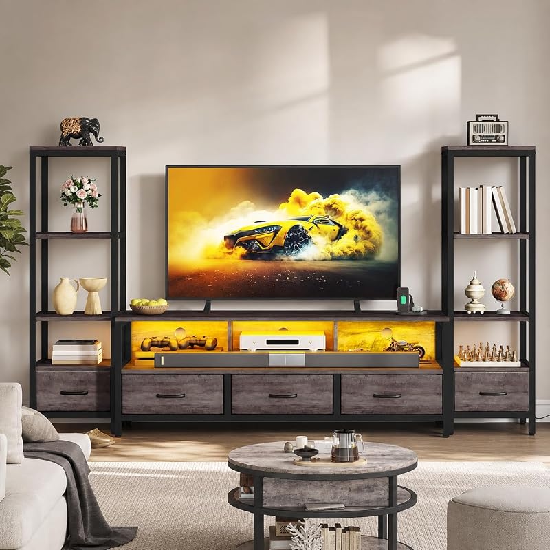 DWVO Industrial LED TV Stand for 65 Inch TVs, Bookshelves, Grey