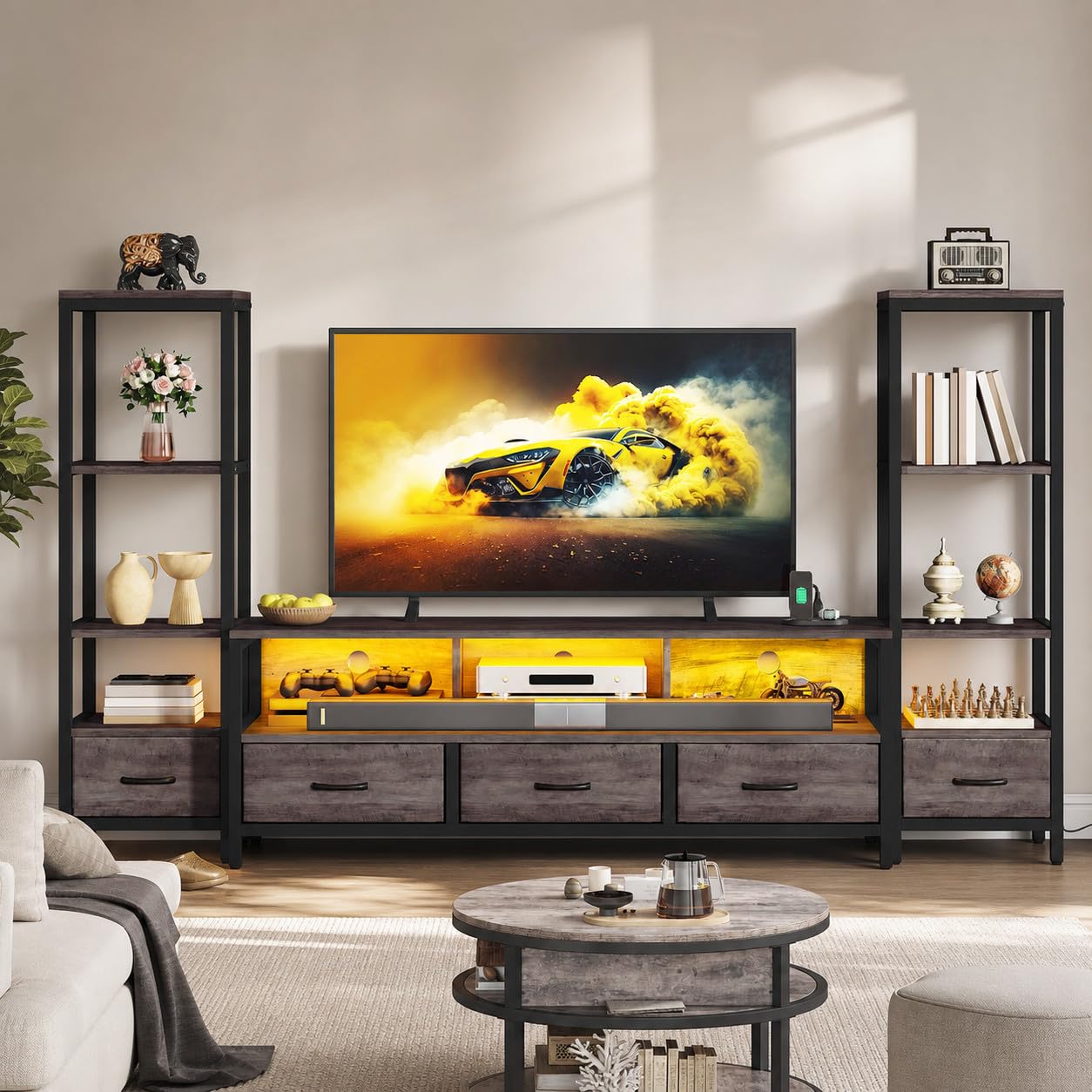 Photo 1 of DWVO Industrial LED TV Stand with Bookshelves, Grey