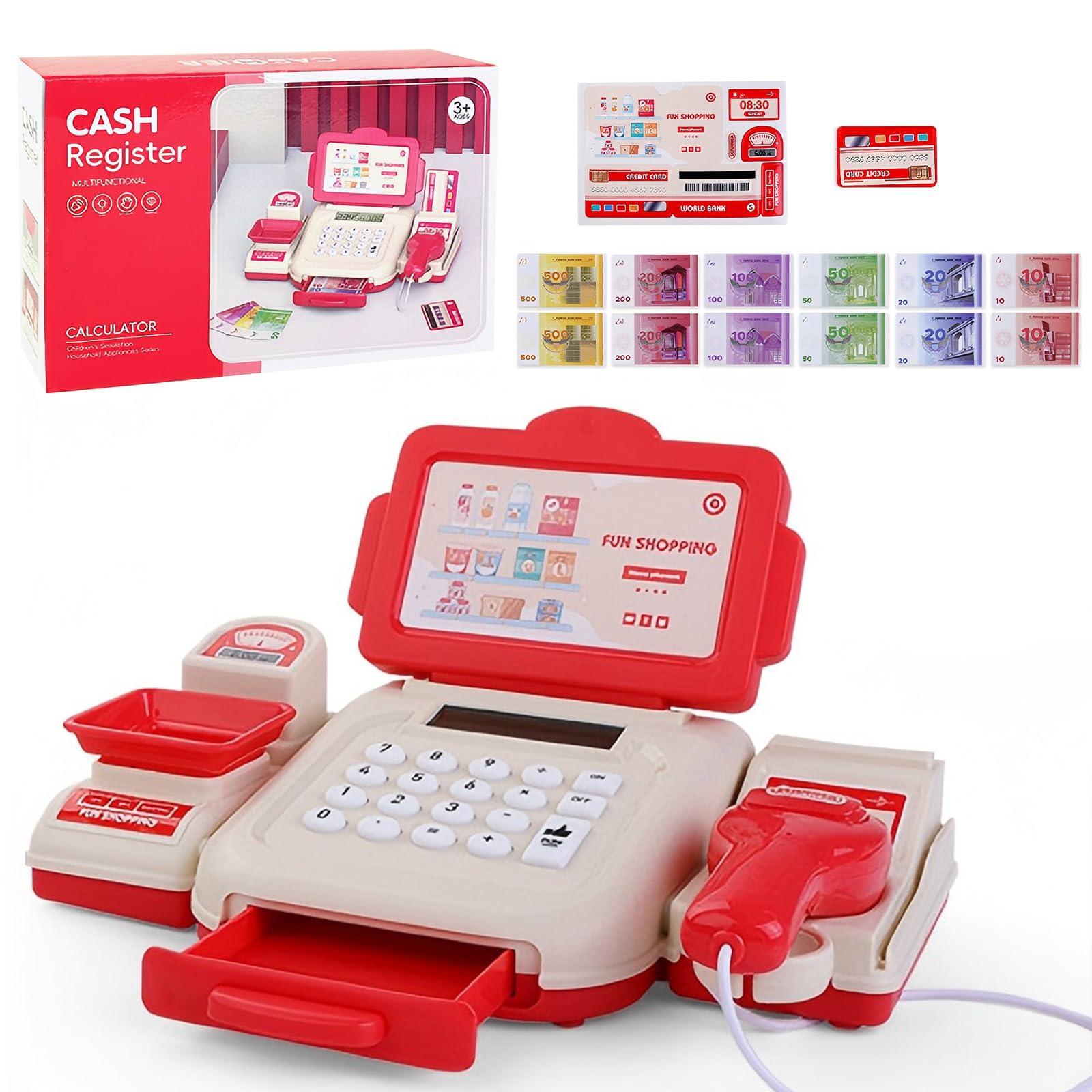 PLUSHCEWT Toy Cash Register for Kids Toy Till with Scanner Calculator Weigh Pop-up Drawer and Pretend Money Set Educational Shopping Till Role Play Toy for Toddlers Boys and Girls Ages 3-5 (red)