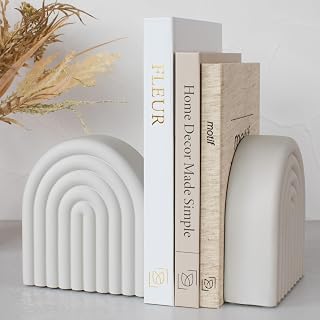 KIBAGA Concrete Bookends Set of 2 - Heavy Duty Decorative Holders for Bookshelves with Anti-Slip Pads, Modern Rainbow Arch Design