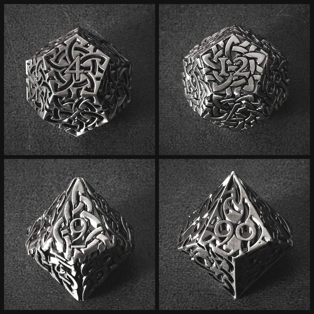 Juego de dados de honor sin fin de plata envejecida, 7 piezas de metal poliédrico, nudos celtas, extra pesados y grandes para DND DnD5e TTRPG de mesa, RPG, dados de luchador, dados de guerrero
