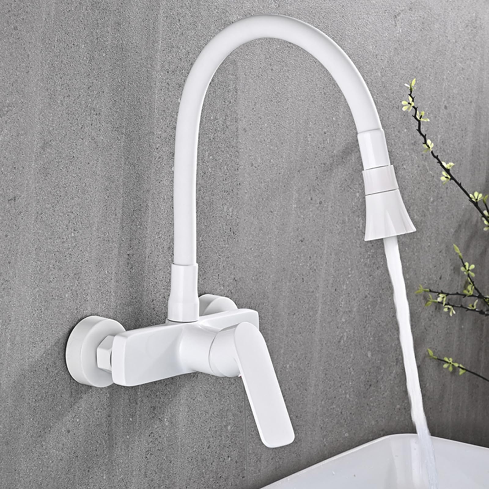 Grifo de Cocina Pared ZPSPZ Monomando 2 Modos Latón Giratorio Grifo Cocina Pared-Blanco